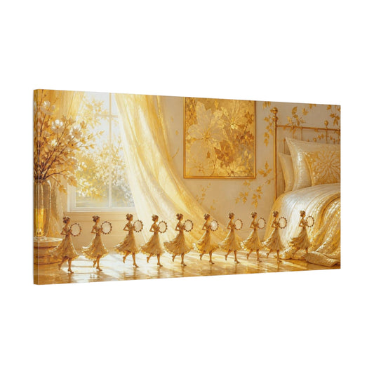 Main Mockup. Golden Tambourine Dancers shown as canvas print