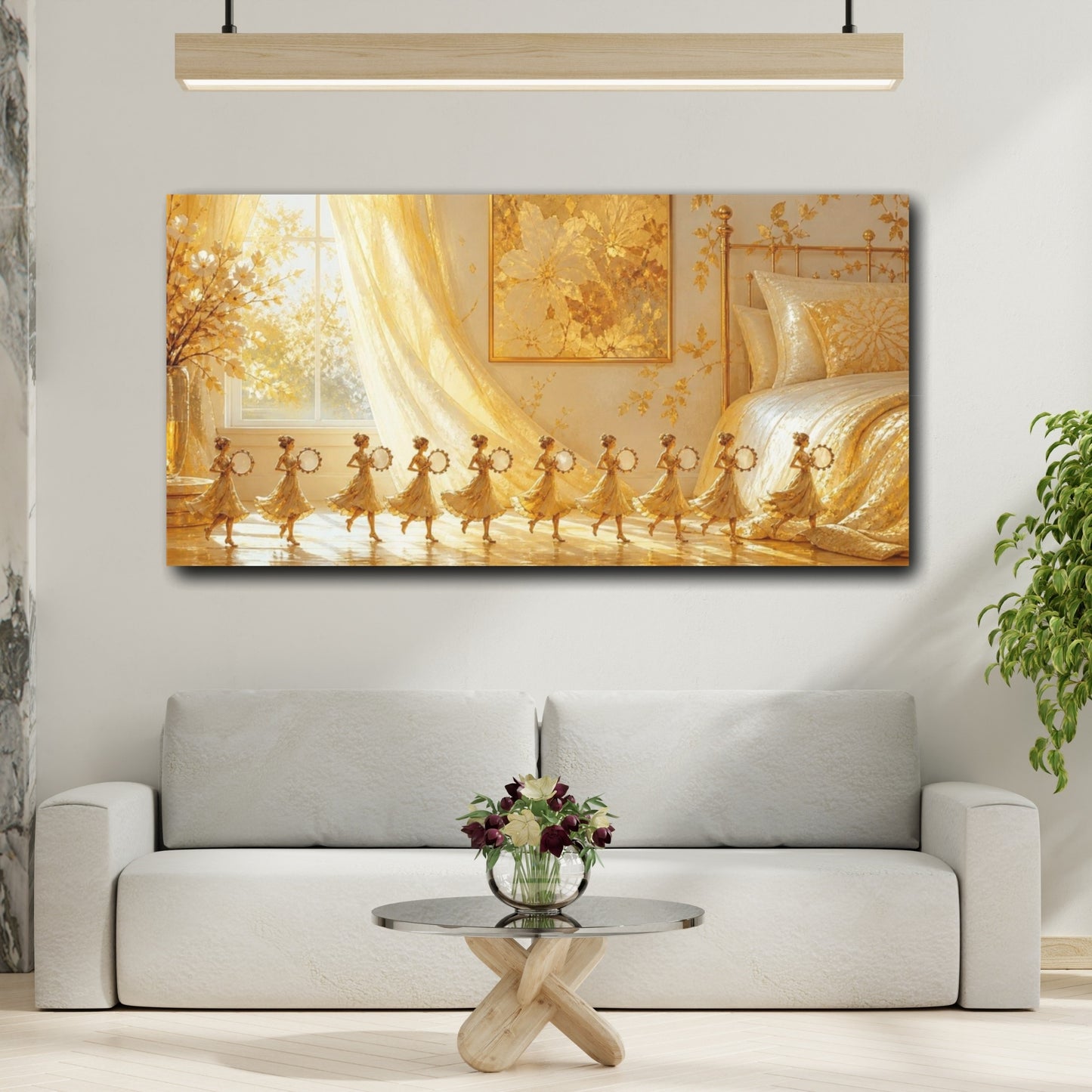 Mockup 2. Golden Tambourine Dancers shown as canvas print