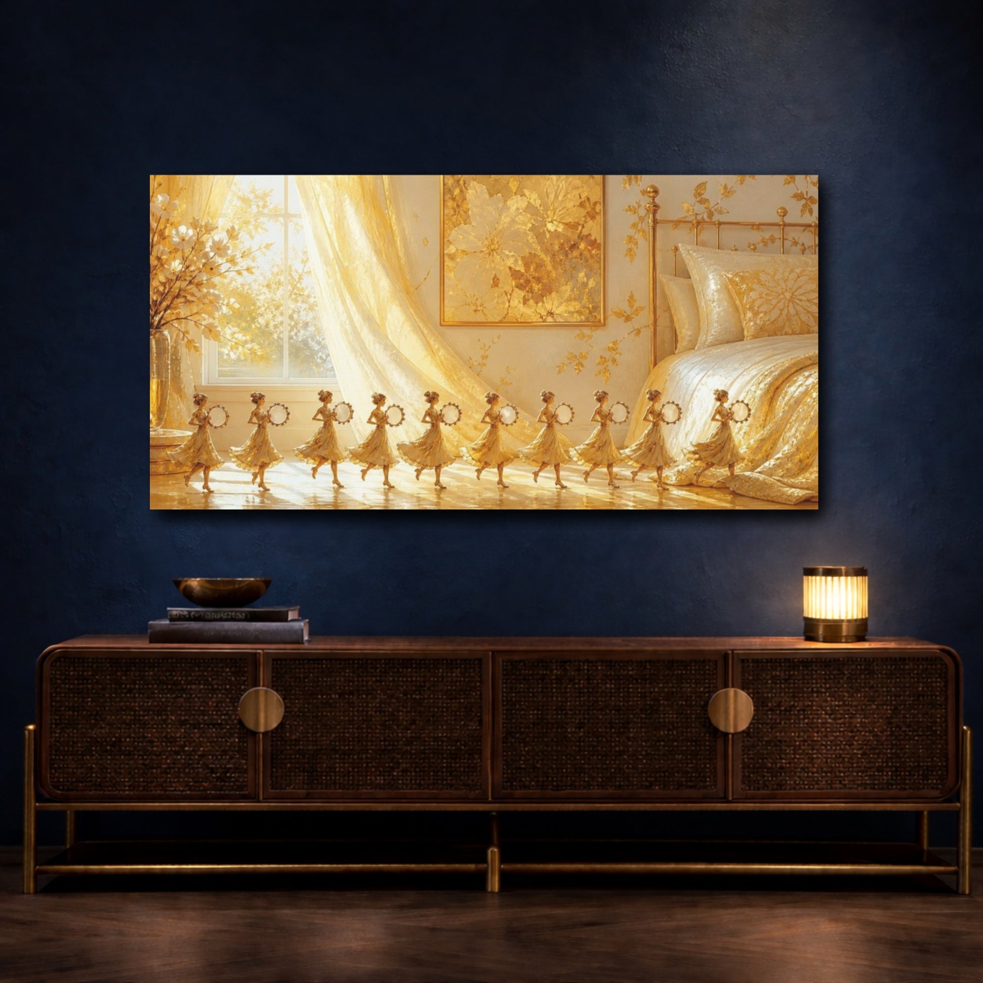 Mockup 4. Golden Tambourine Dancers shown as canvas print