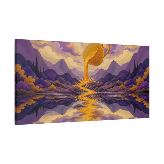 Main Mockup. Golden Teacup Pouring River shown as canvas print