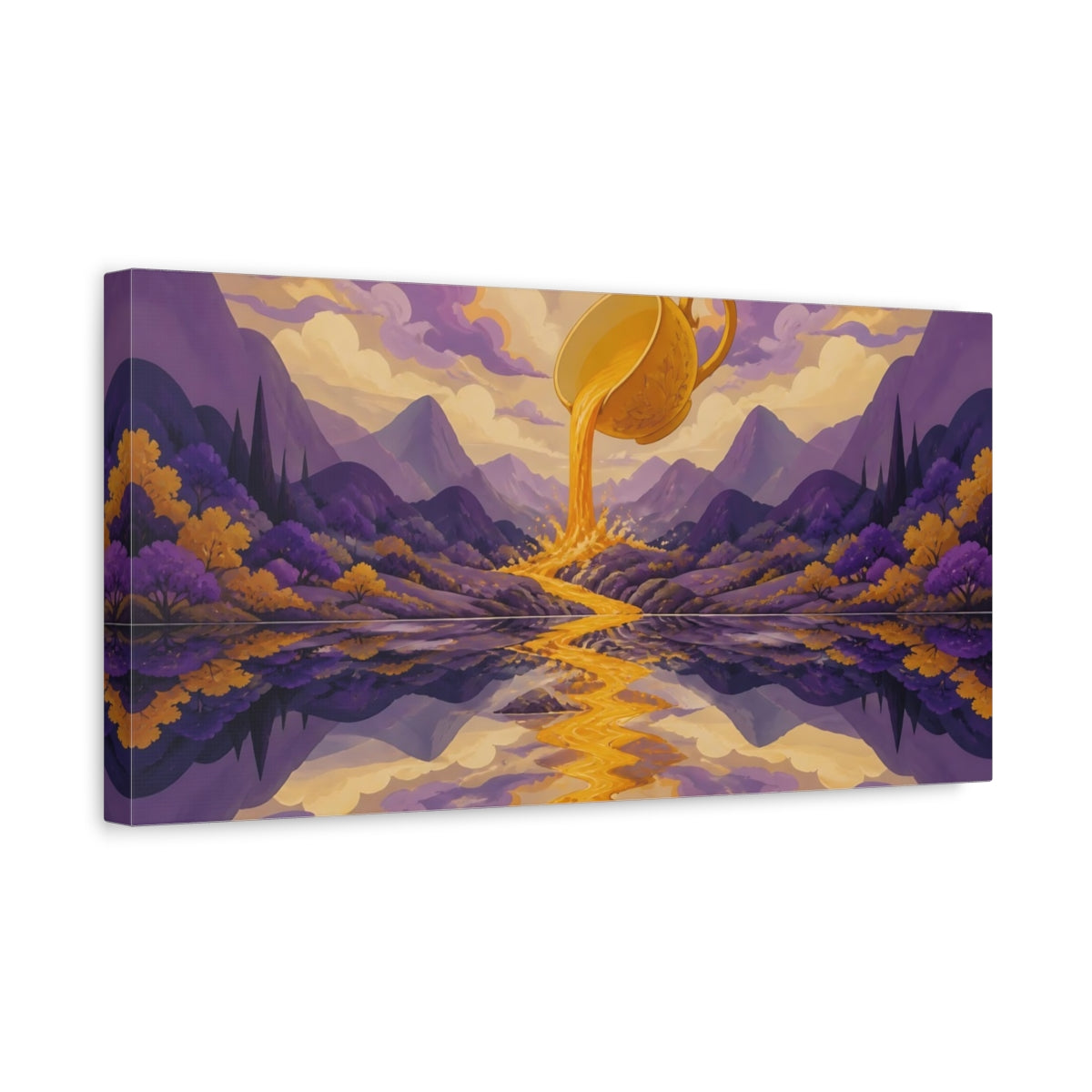 Side Mockup 3. Golden Teacup Pouring River shown as canvas print