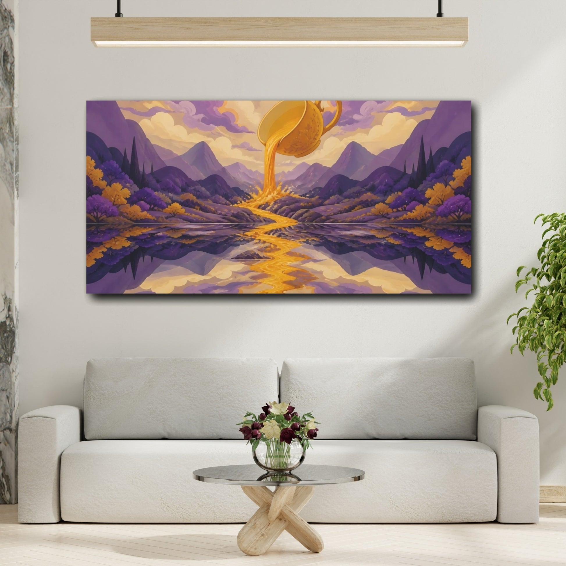 Mockup 2. Golden Teacup Pouring River shown as canvas print