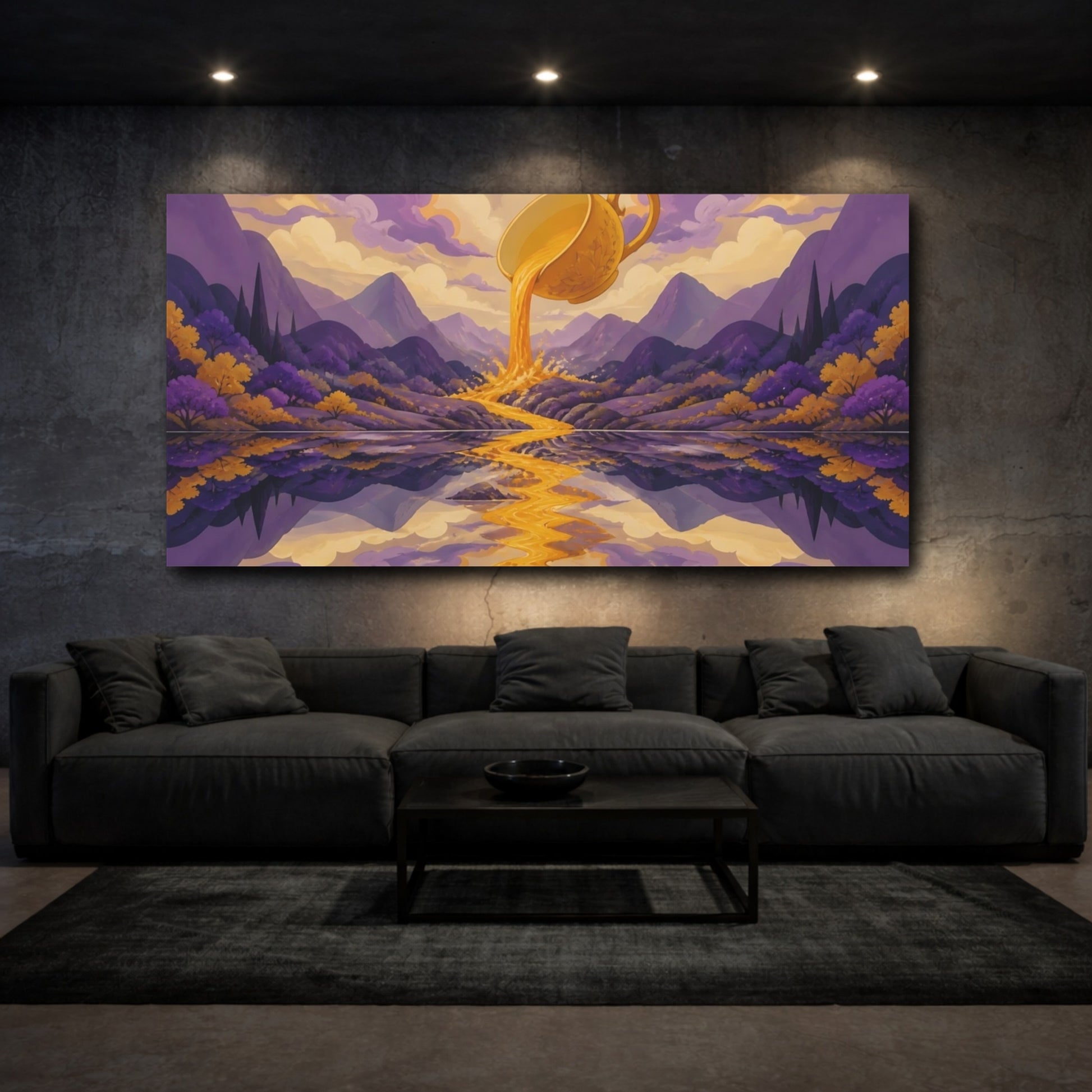 Mockup 3. Golden Teacup Pouring River shown as canvas print