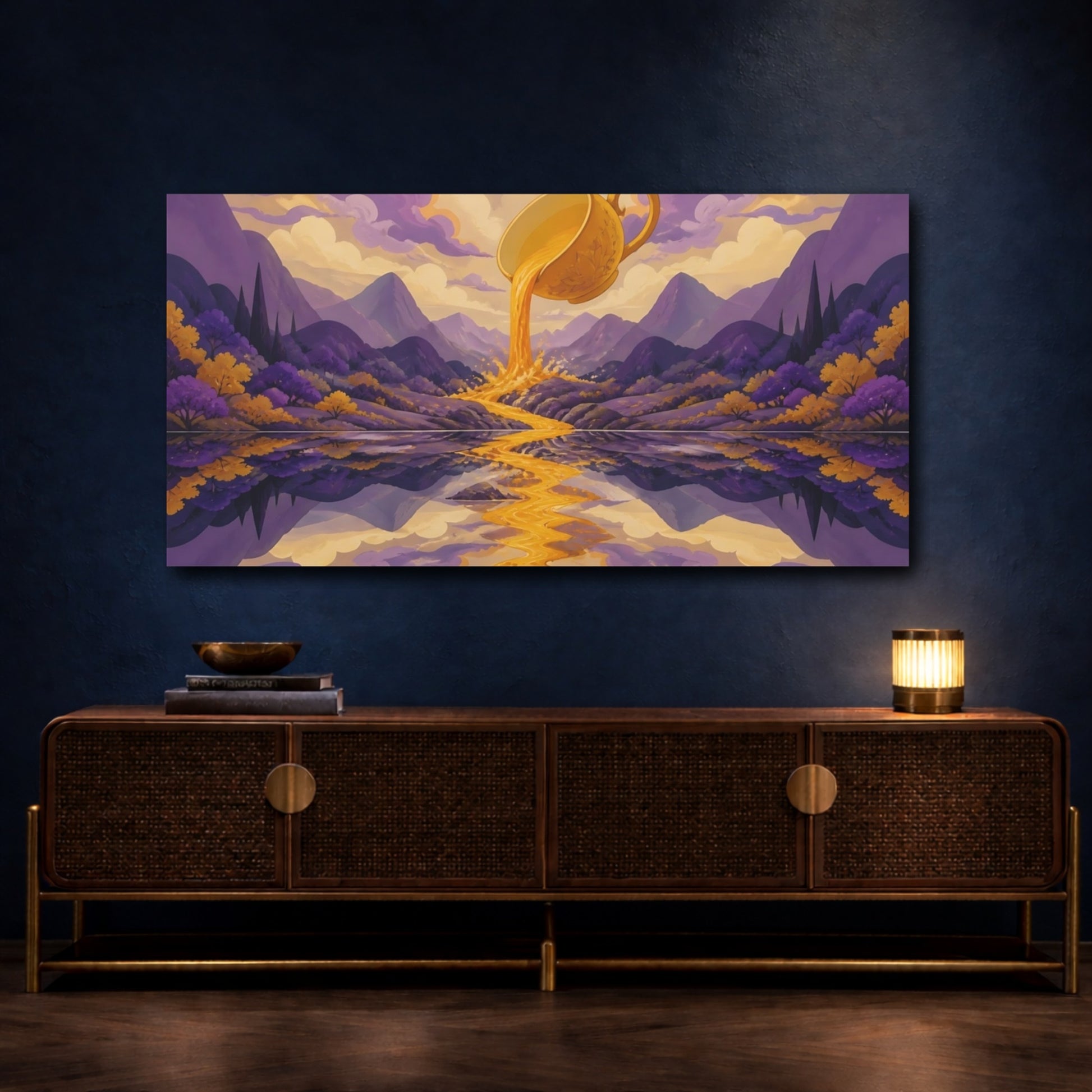 Mockup 4. Golden Teacup Pouring River shown as canvas print