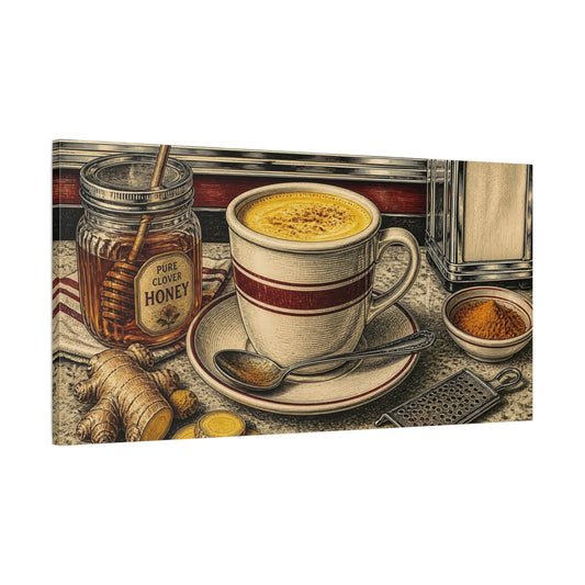 Main Mockup. Golden Turmeric Latte shown as canvas print