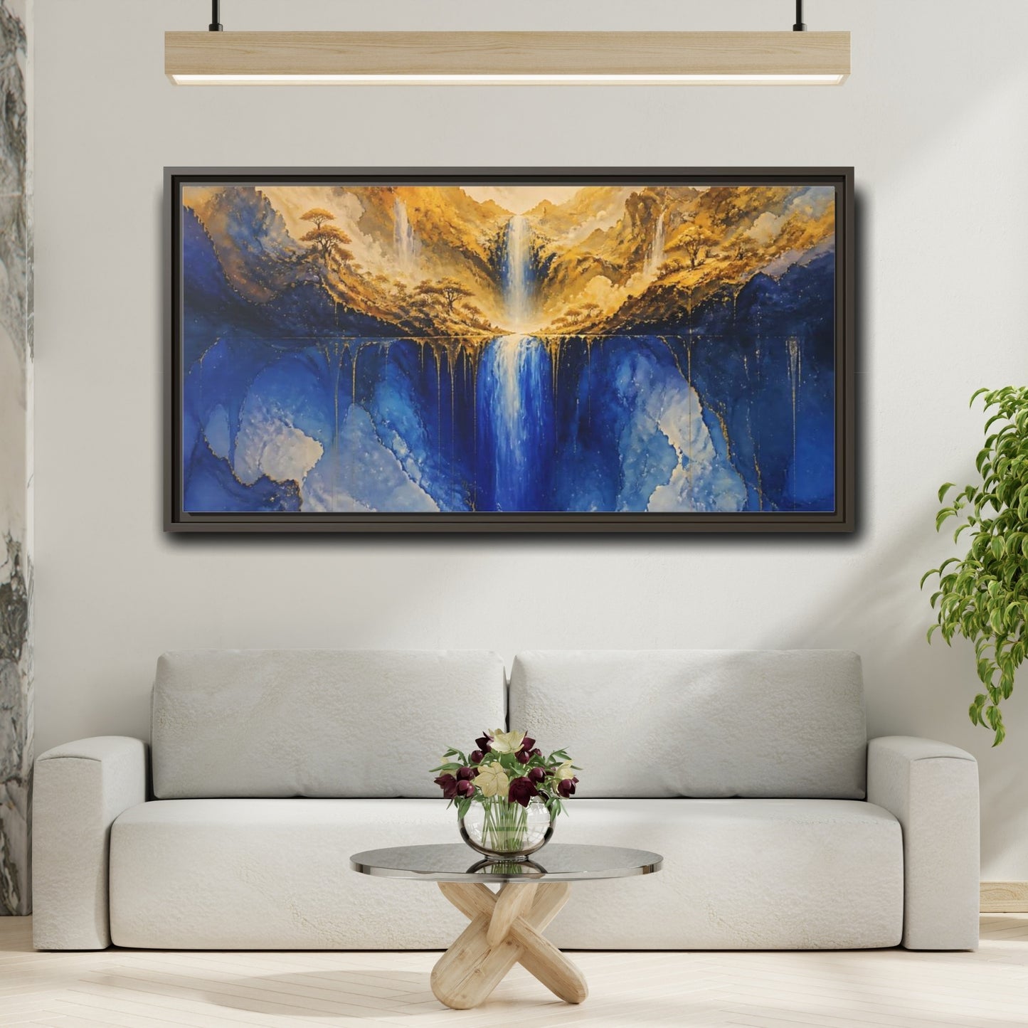 Mockup 2. Golden Valley Waterfall shown as framed canvas print