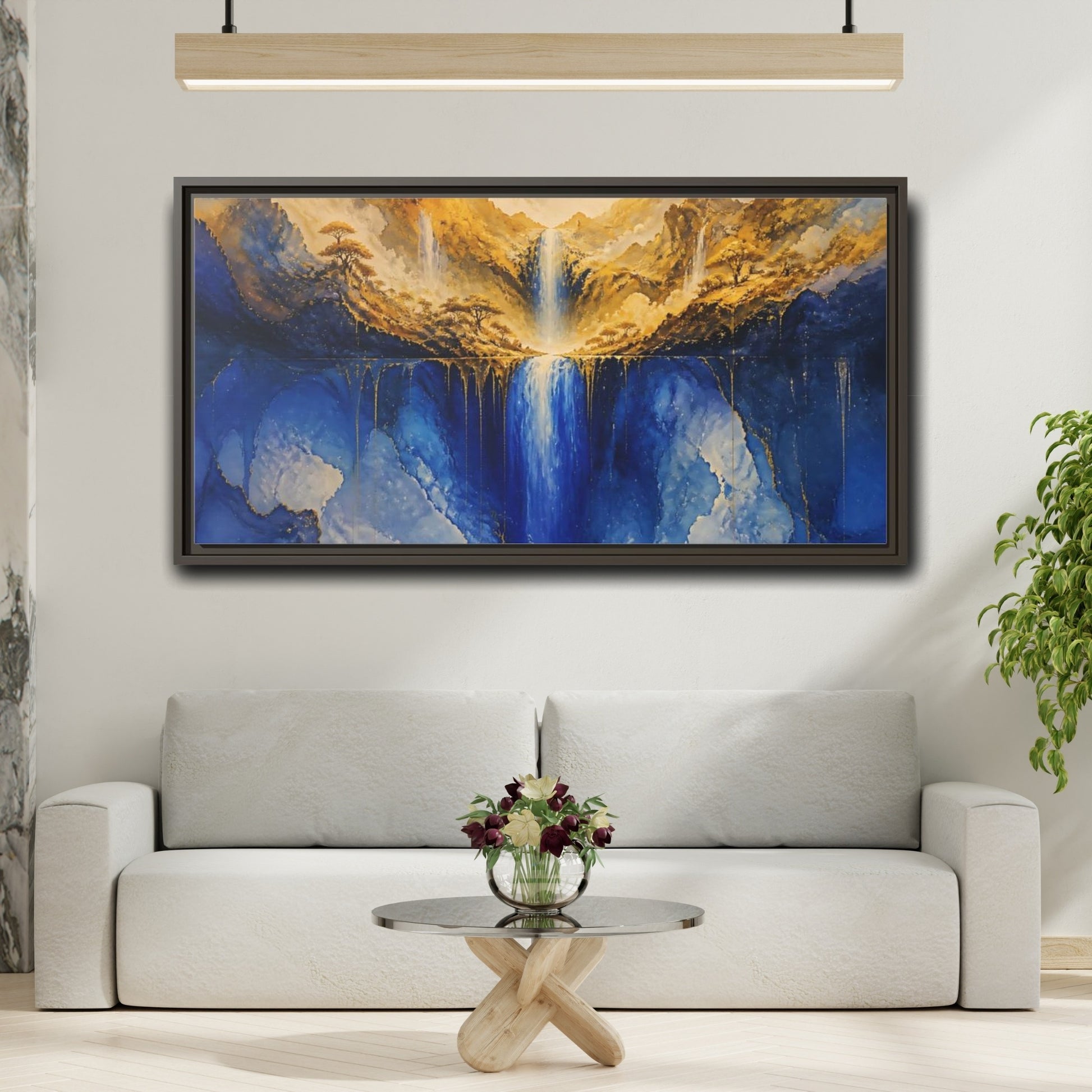 Mockup 2. Golden Valley Waterfall shown as framed canvas print
