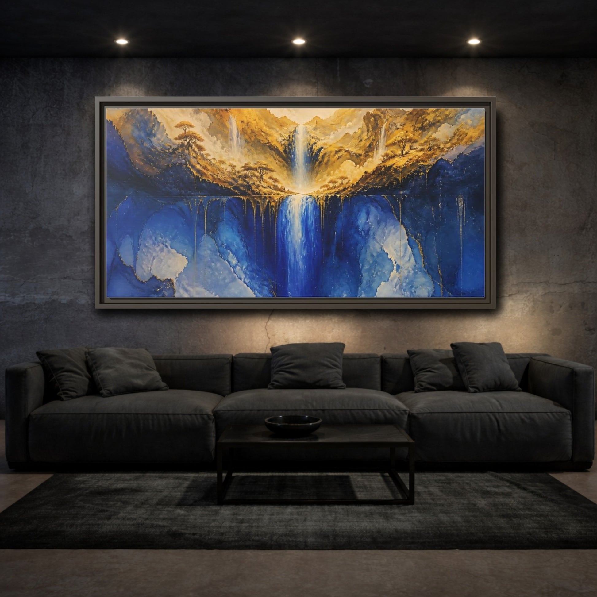Mockup 3. Golden Valley Waterfall shown as framed canvas print