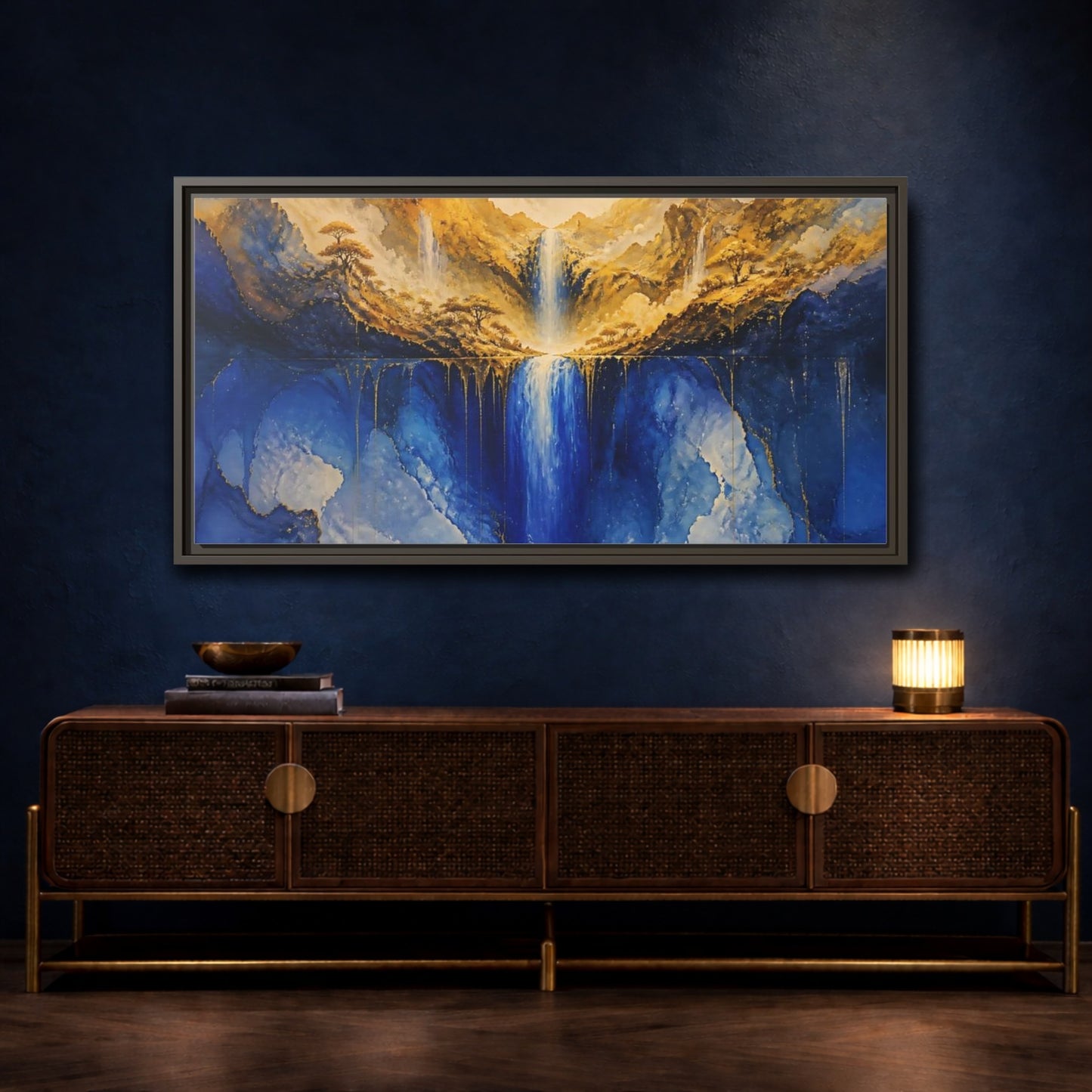 Mockup 4. Golden Valley Waterfall shown as framed canvas print