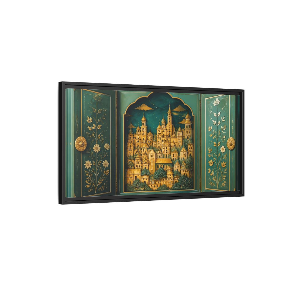 Side Mockup 2. Golden Village Cabinet shown as framed canvas print