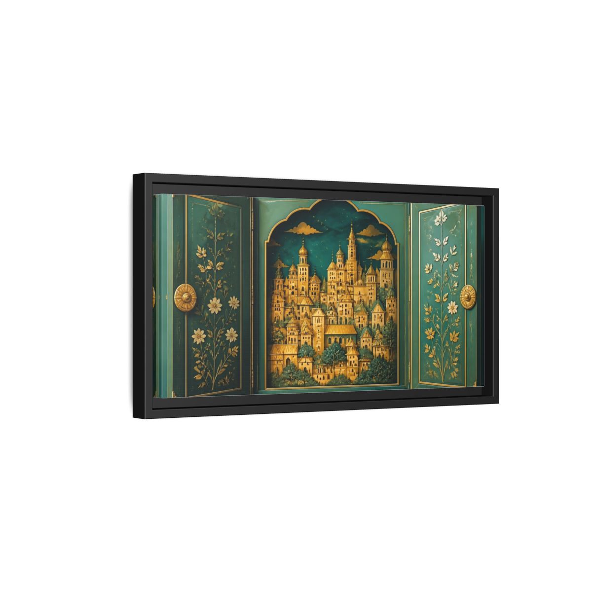 Side Mockup 8. Golden Village Cabinet shown as framed canvas print