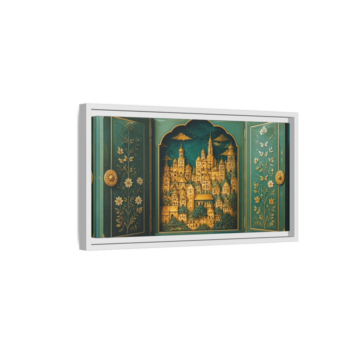 Side Mockup 6. Golden Village Cabinet shown as framed canvas print