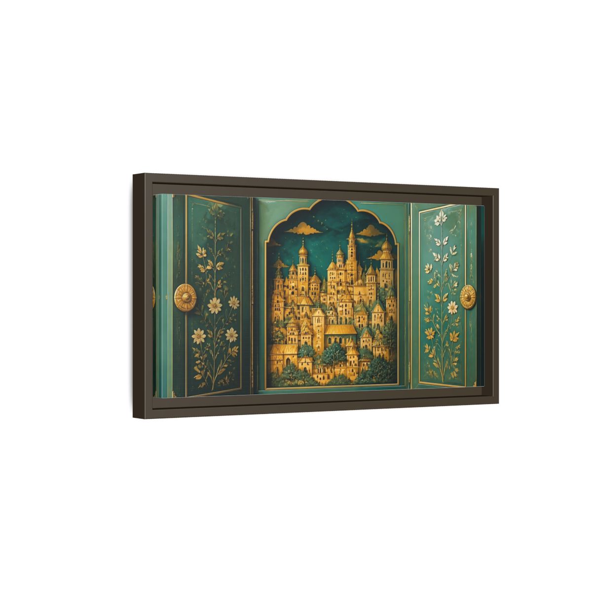 Side Mockup 7. Golden Village Cabinet shown as framed canvas print