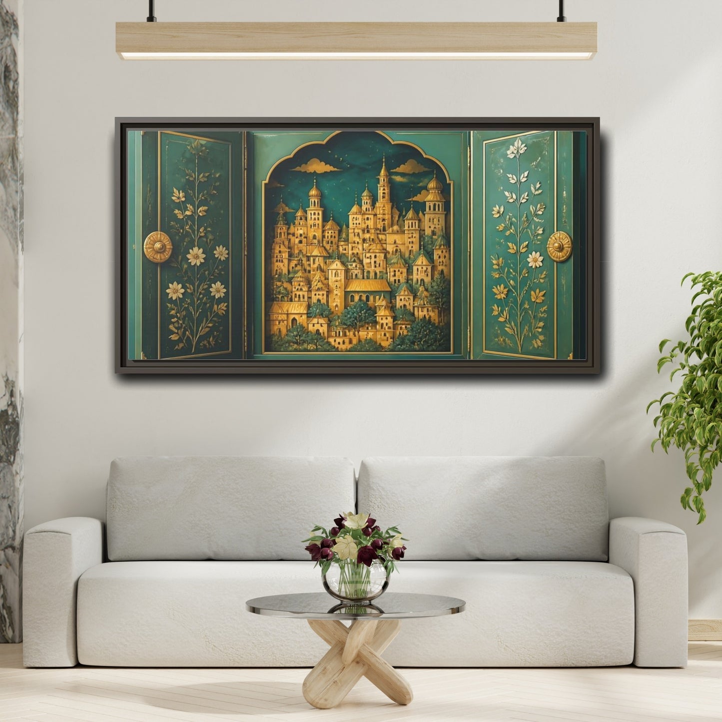 Mockup 2. Golden Village Cabinet shown as framed canvas print