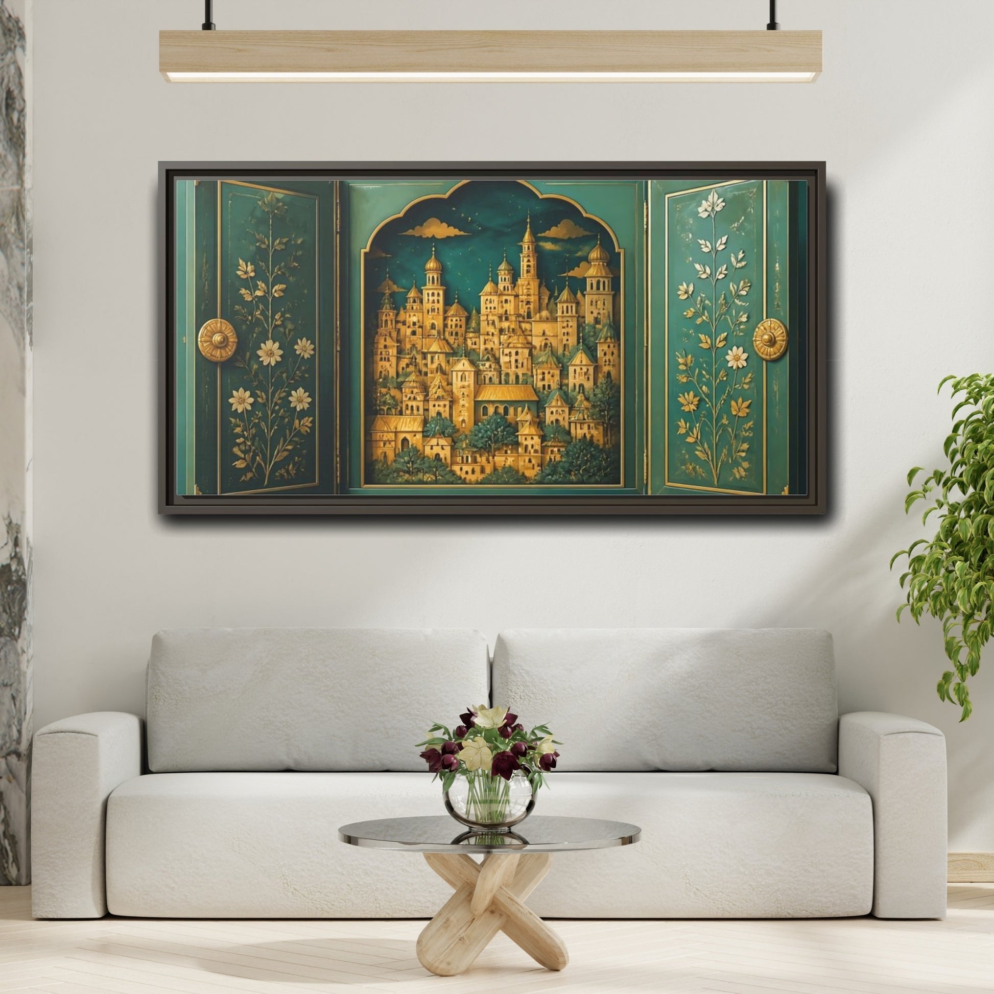 Mockup 2. Golden Village Cabinet shown as framed canvas print