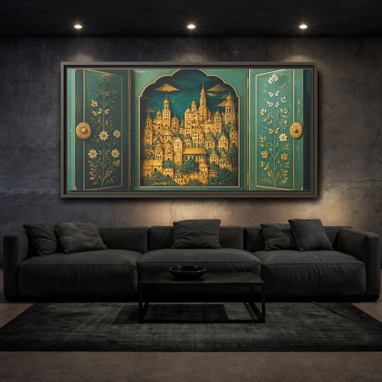 Mockup 3. Golden Village Cabinet shown as framed canvas print