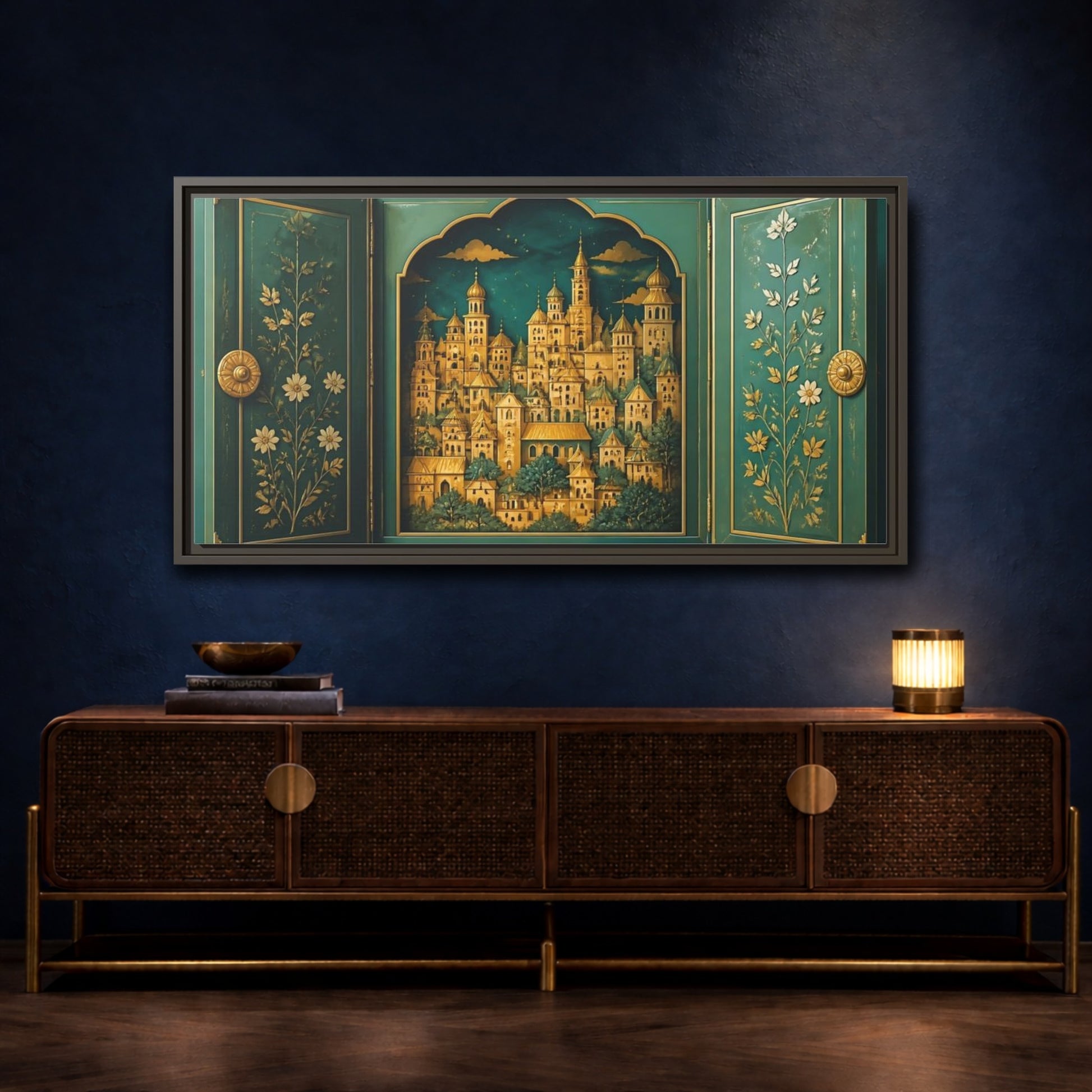Mockup 4. Golden Village Cabinet shown as framed canvas print