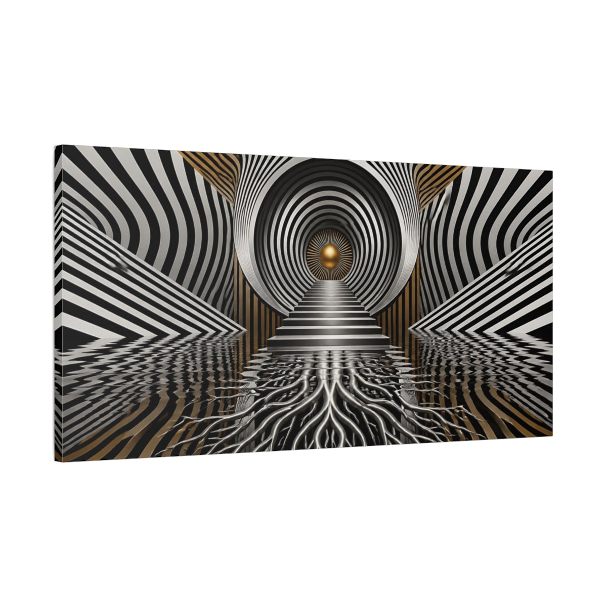 Main Mockup. Golden Vortex Staircase shown as canvas print