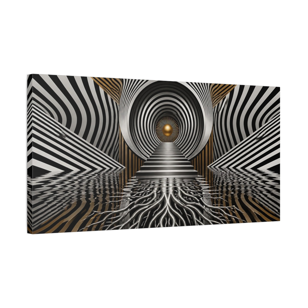 Side Mockup 1. Golden Vortex Staircase shown as canvas print