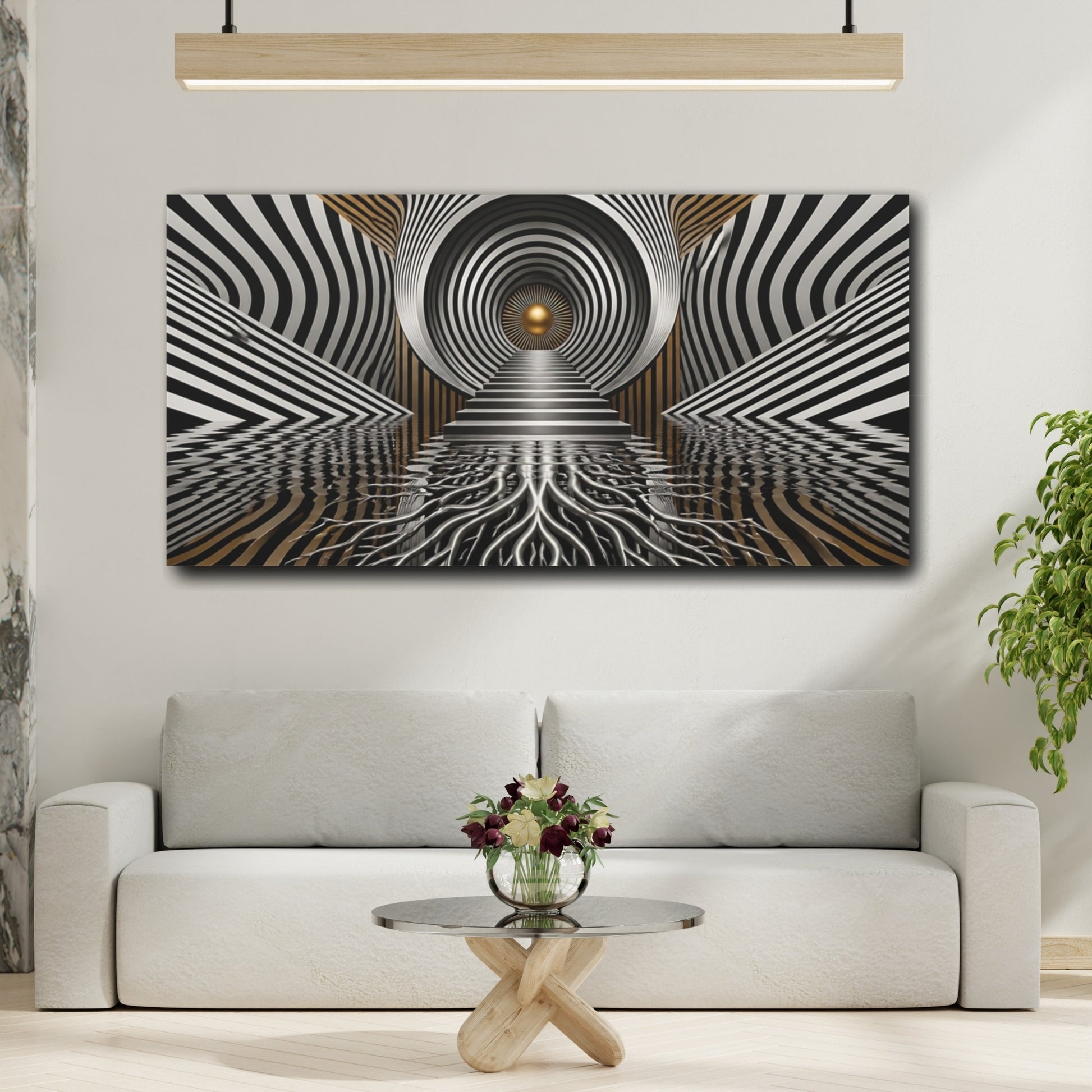 Mockup 2. Golden Vortex Staircase shown as canvas print