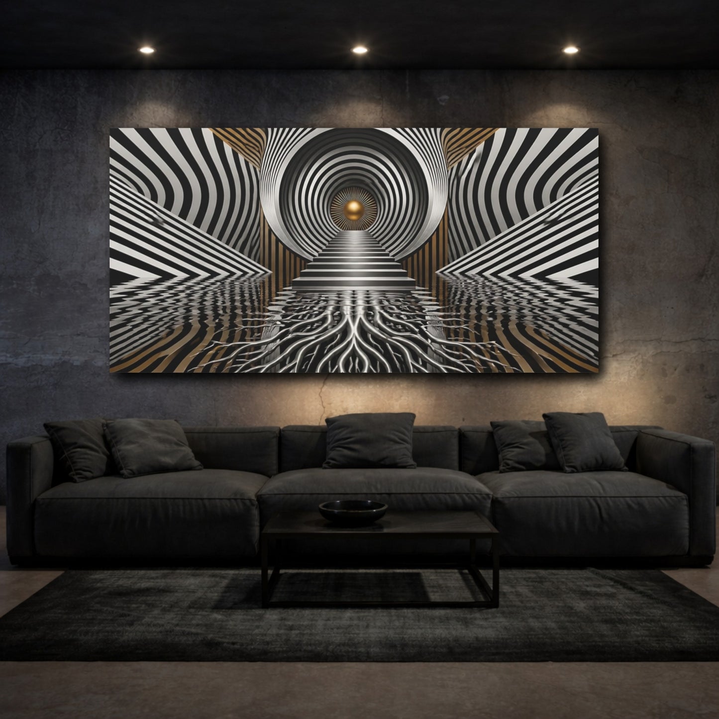 Mockup 3. Golden Vortex Staircase shown as canvas print