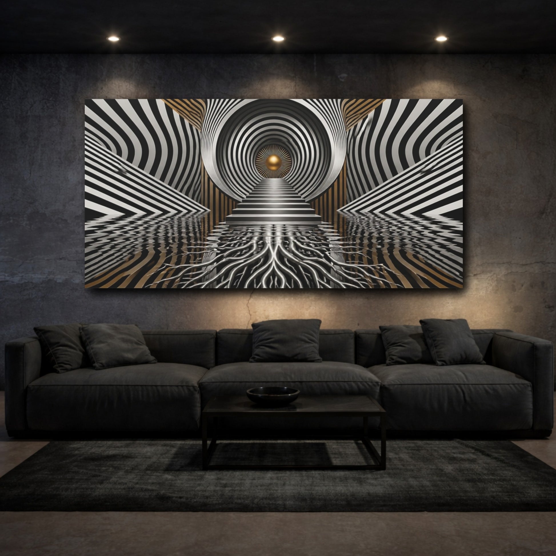 Mockup 3. Golden Vortex Staircase shown as canvas print