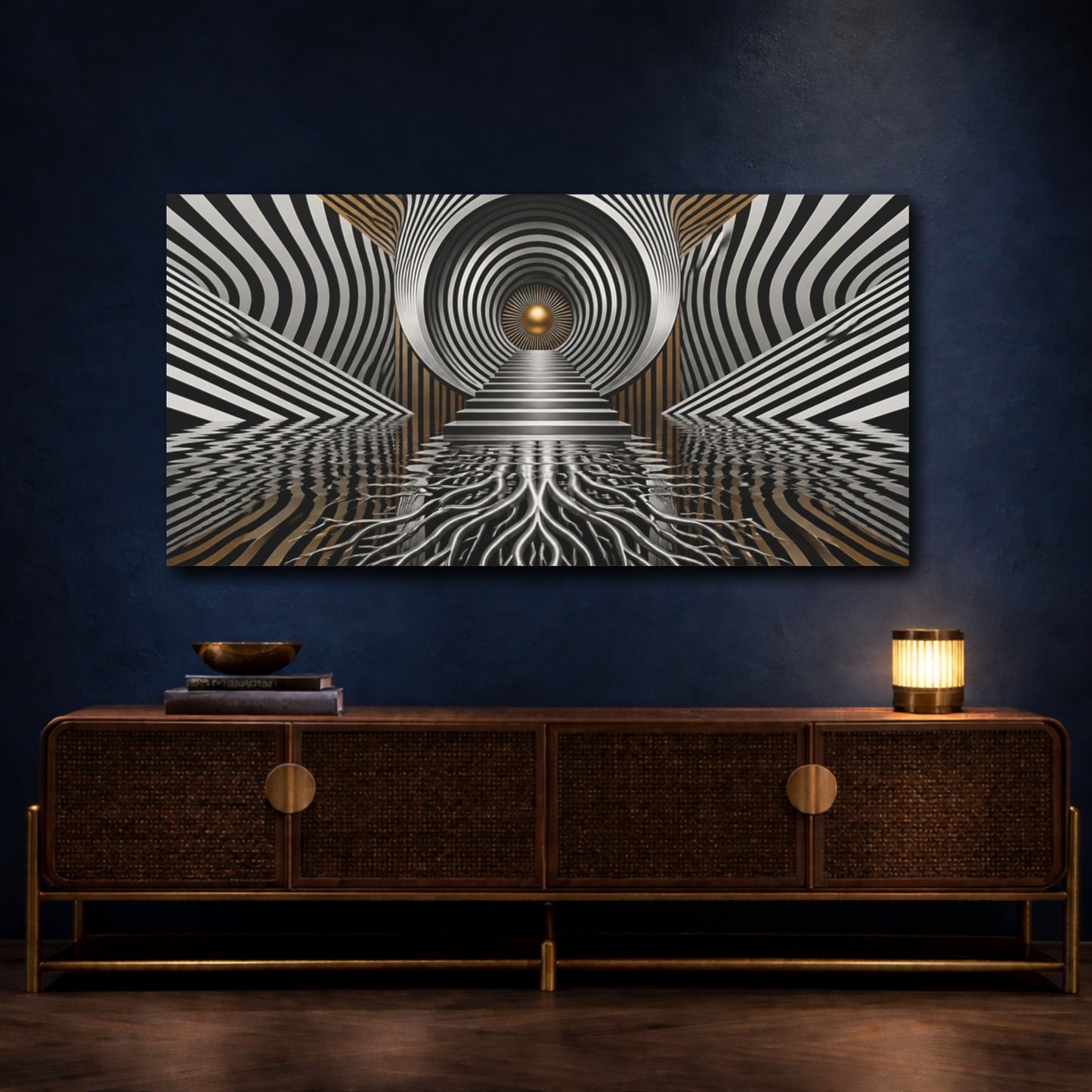 Mockup 4. Golden Vortex Staircase shown as canvas print
