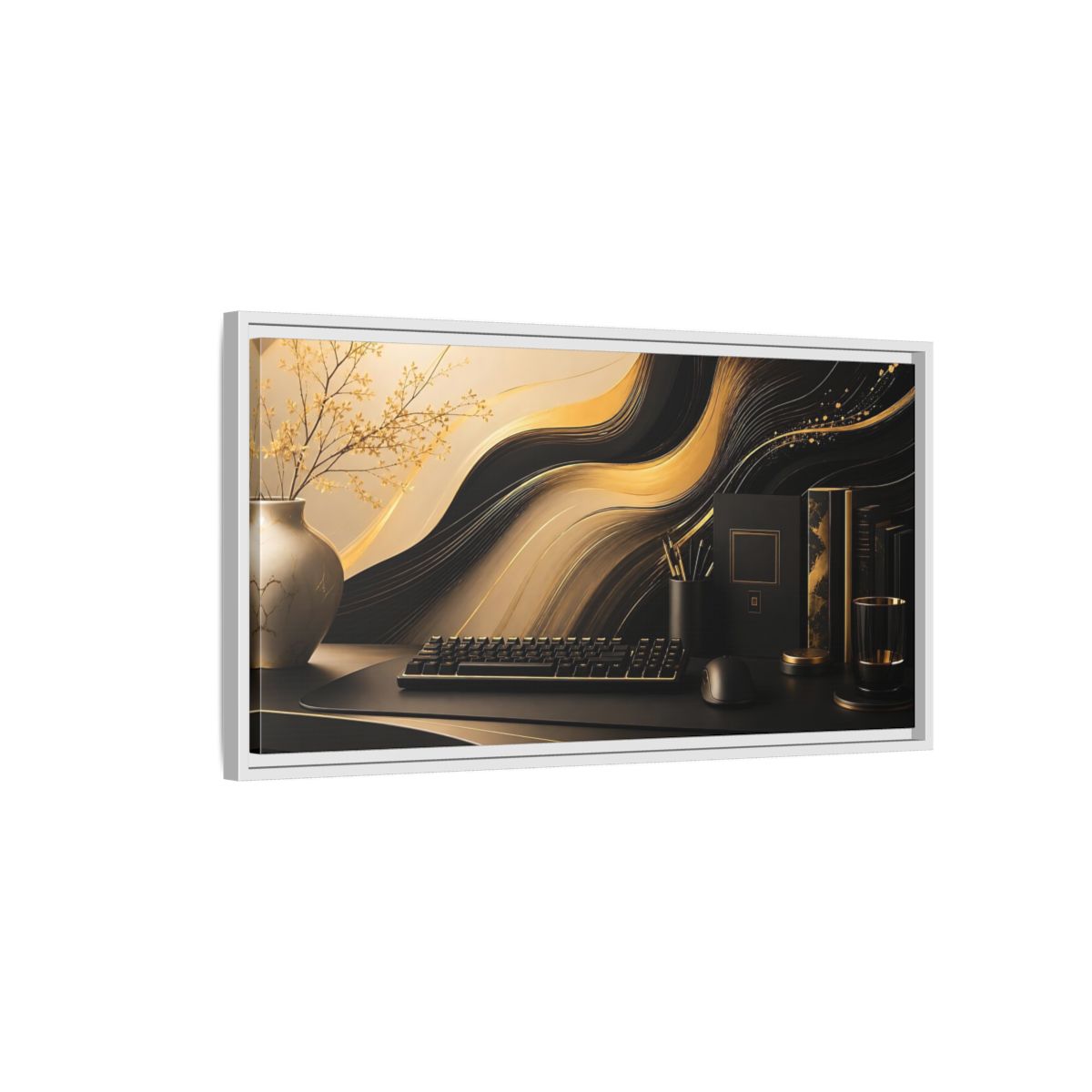 Side Mockup 1. Golden Wave Desk Art shown as framed canvas print