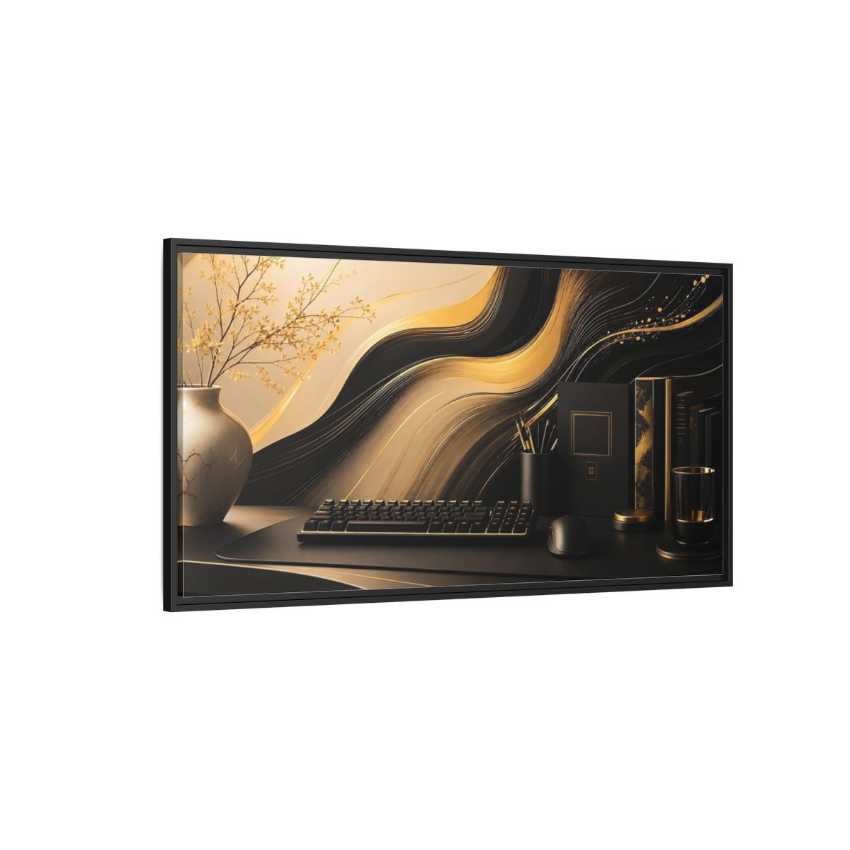 Side Mockup 5. Golden Wave Desk Art shown as framed canvas print