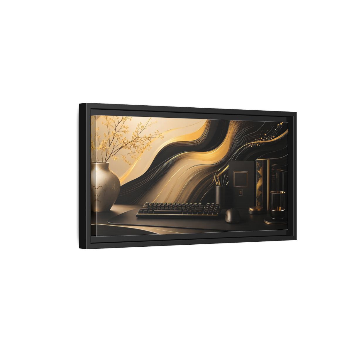 Side Mockup 8. Golden Wave Desk Art shown as framed canvas print