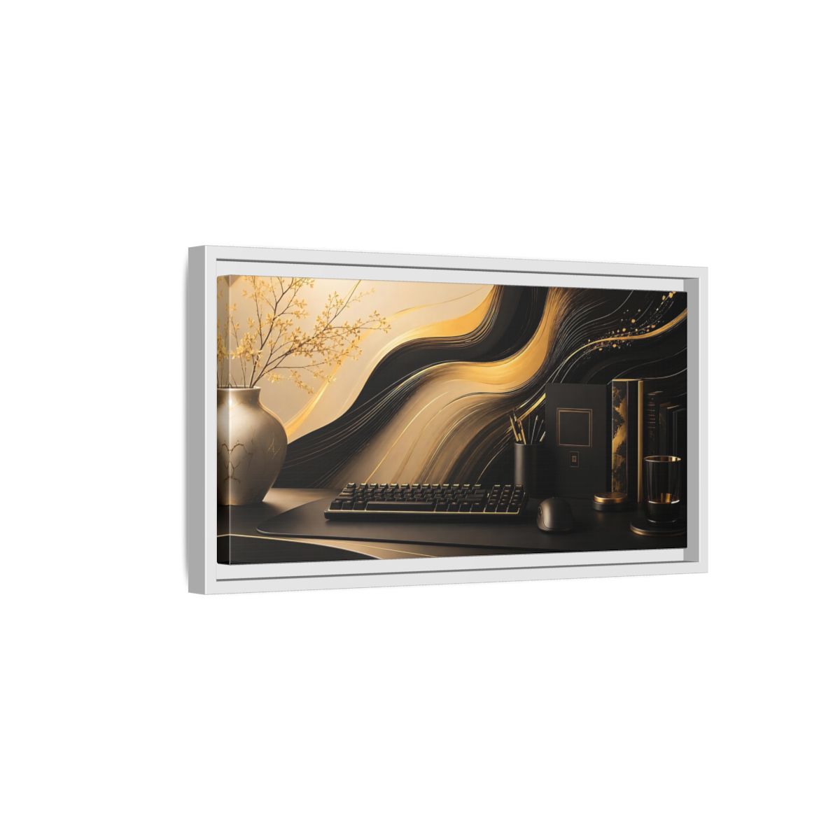 Side Mockup 6. Golden Wave Desk Art shown as framed canvas print