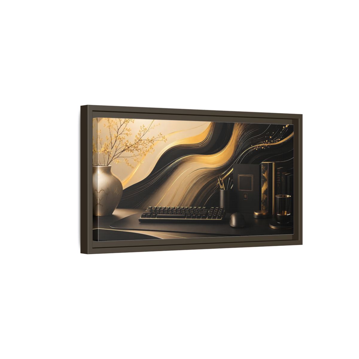 Side Mockup 7. Golden Wave Desk Art shown as framed canvas print
