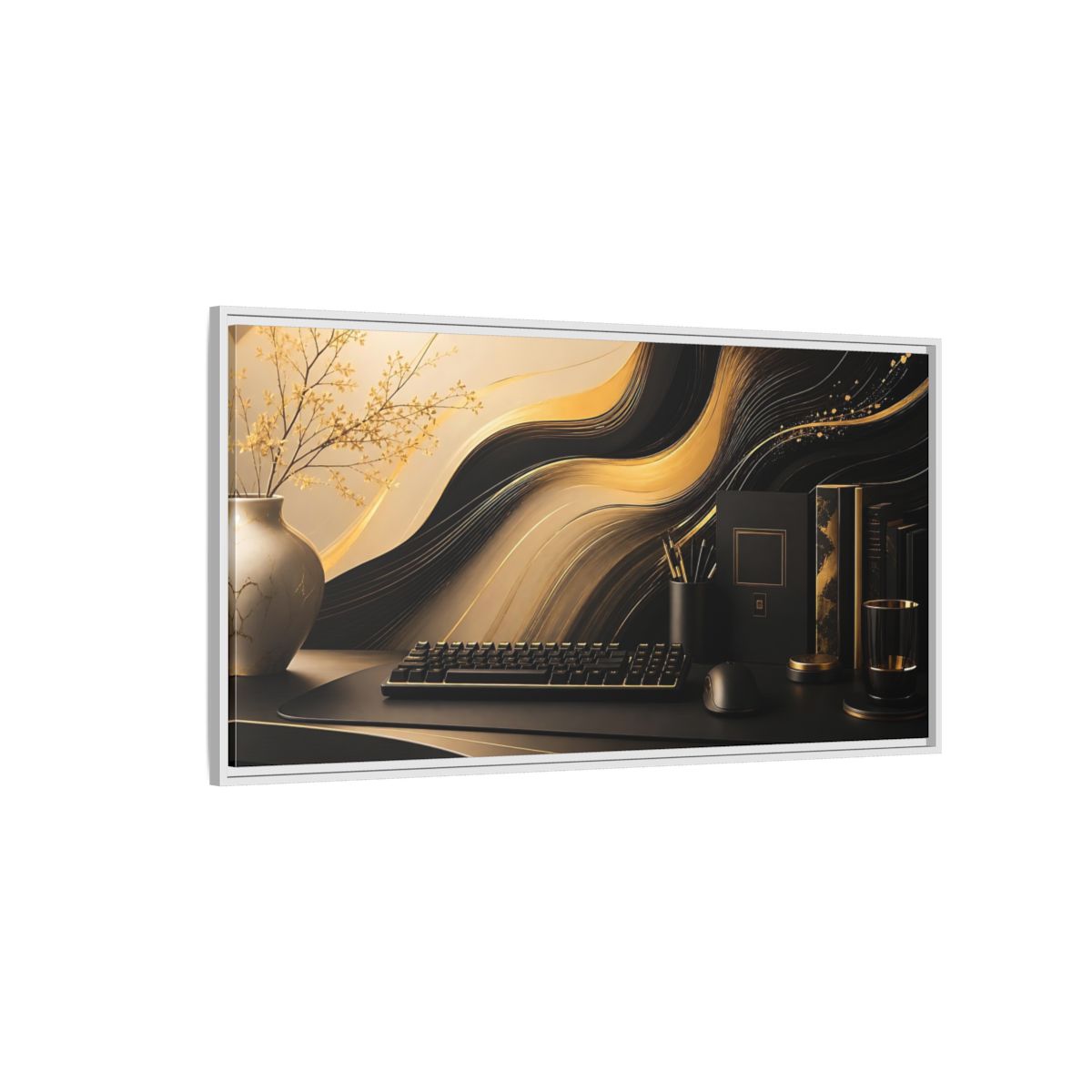 Side Mockup 3. Golden Wave Desk Art shown as framed canvas print