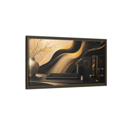 Main Mockup. Golden Wave Desk Art shown as framed canvas print