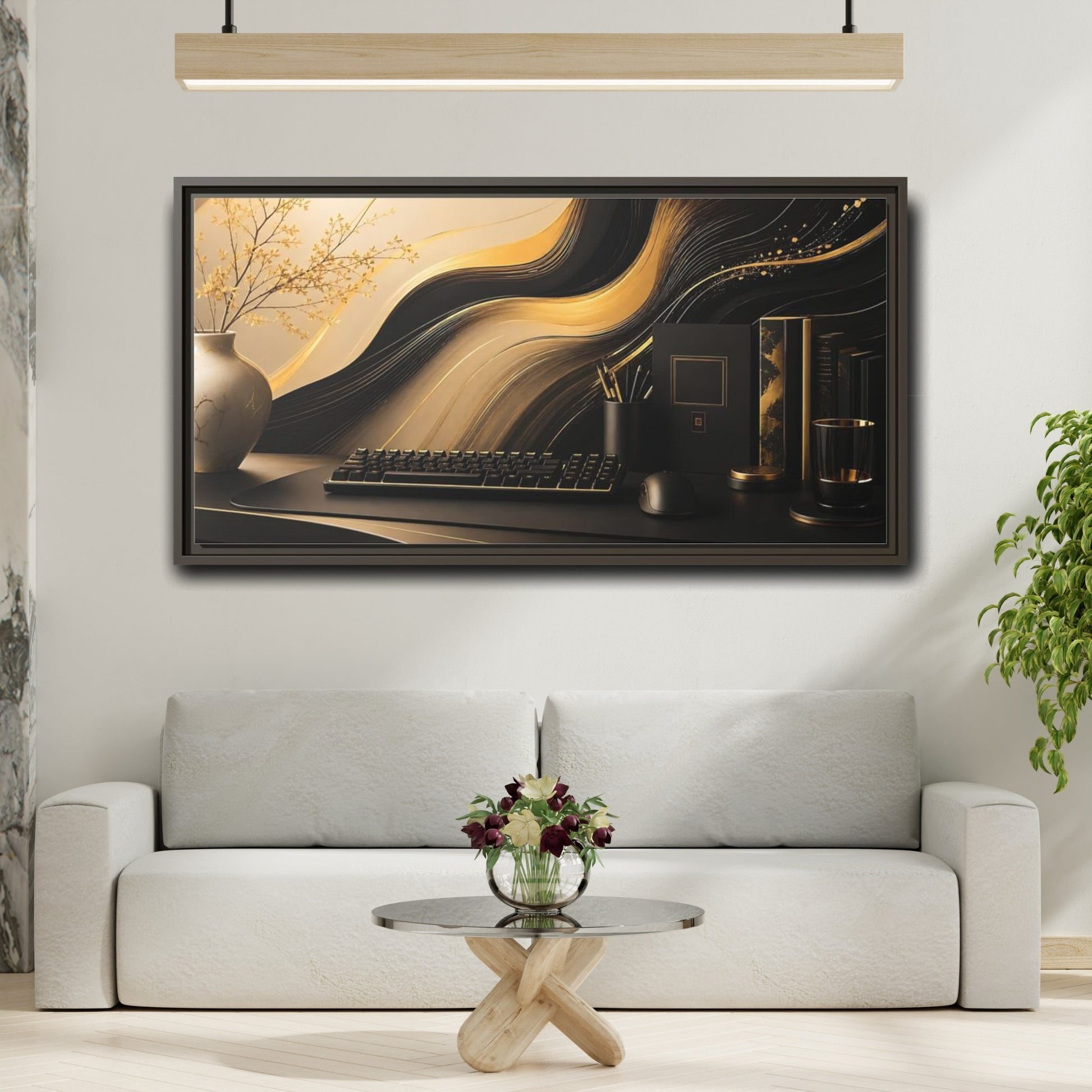 Mockup 2. Golden Wave Desk Art shown as framed canvas print
