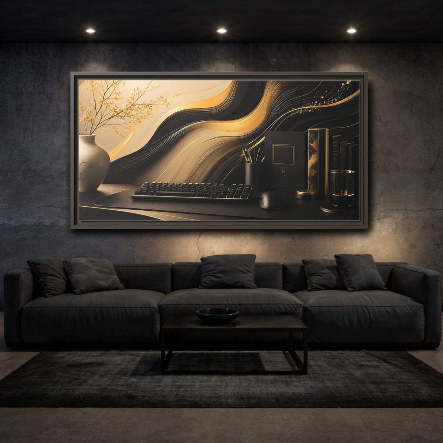 Mockup 3. Golden Wave Desk Art shown as framed canvas print