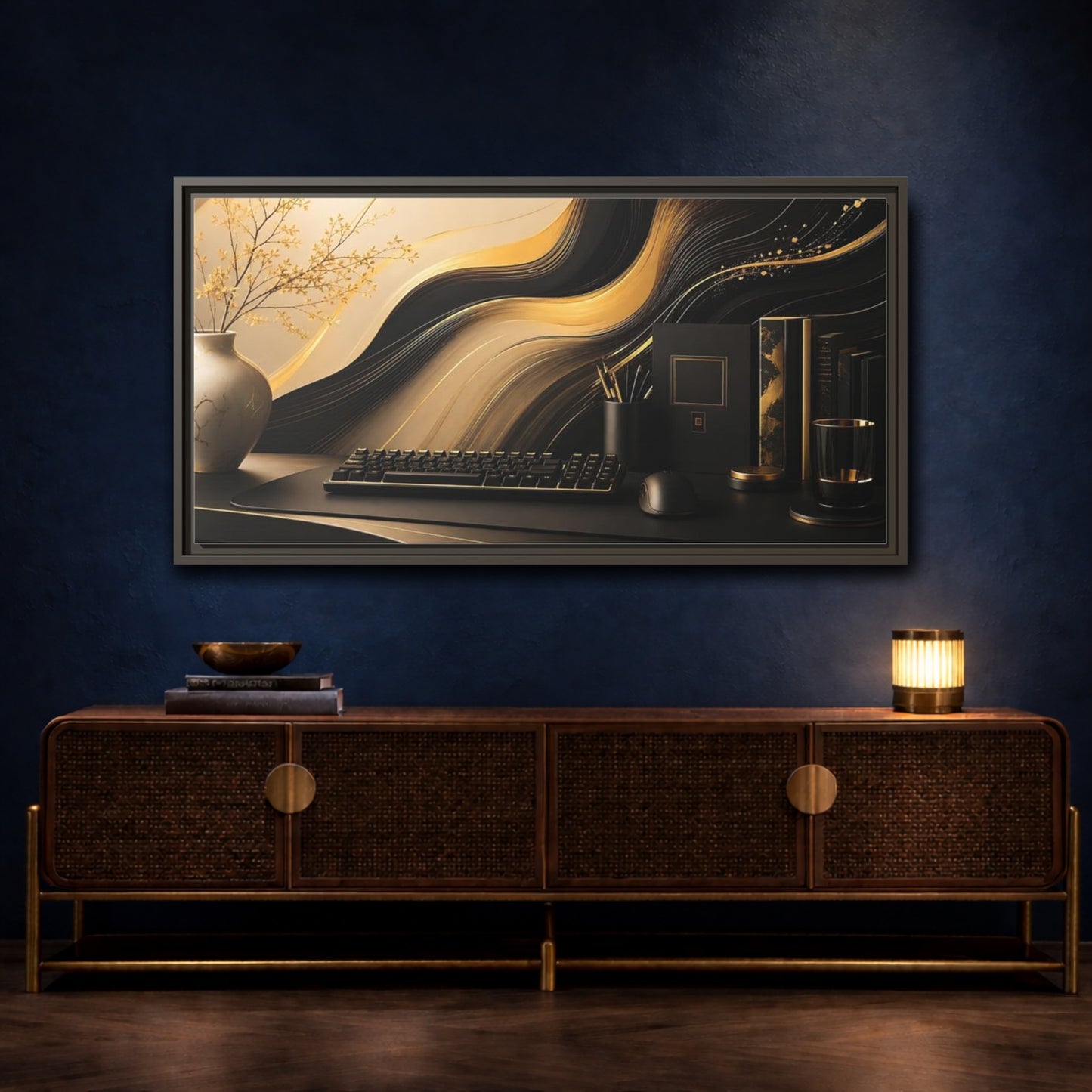 Mockup 4. Golden Wave Desk Art shown as framed canvas print