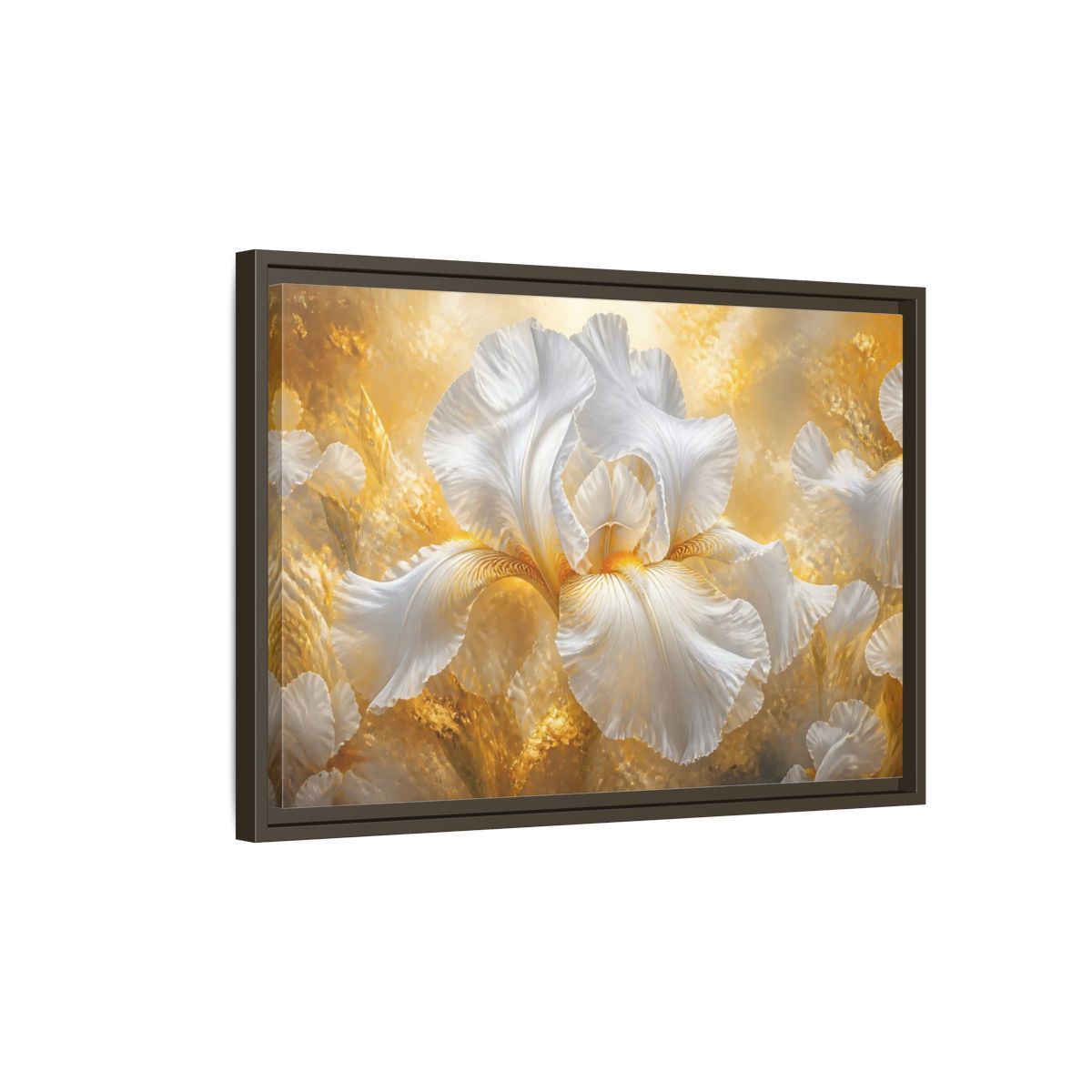 Side Mockup 2. Golden White Iris Bloom shown as framed canvas print