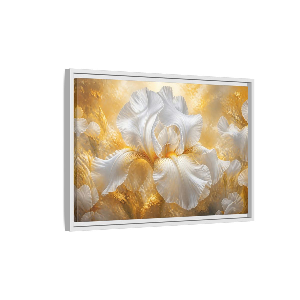 Side Mockup 1. Golden White Iris Bloom shown as framed canvas print