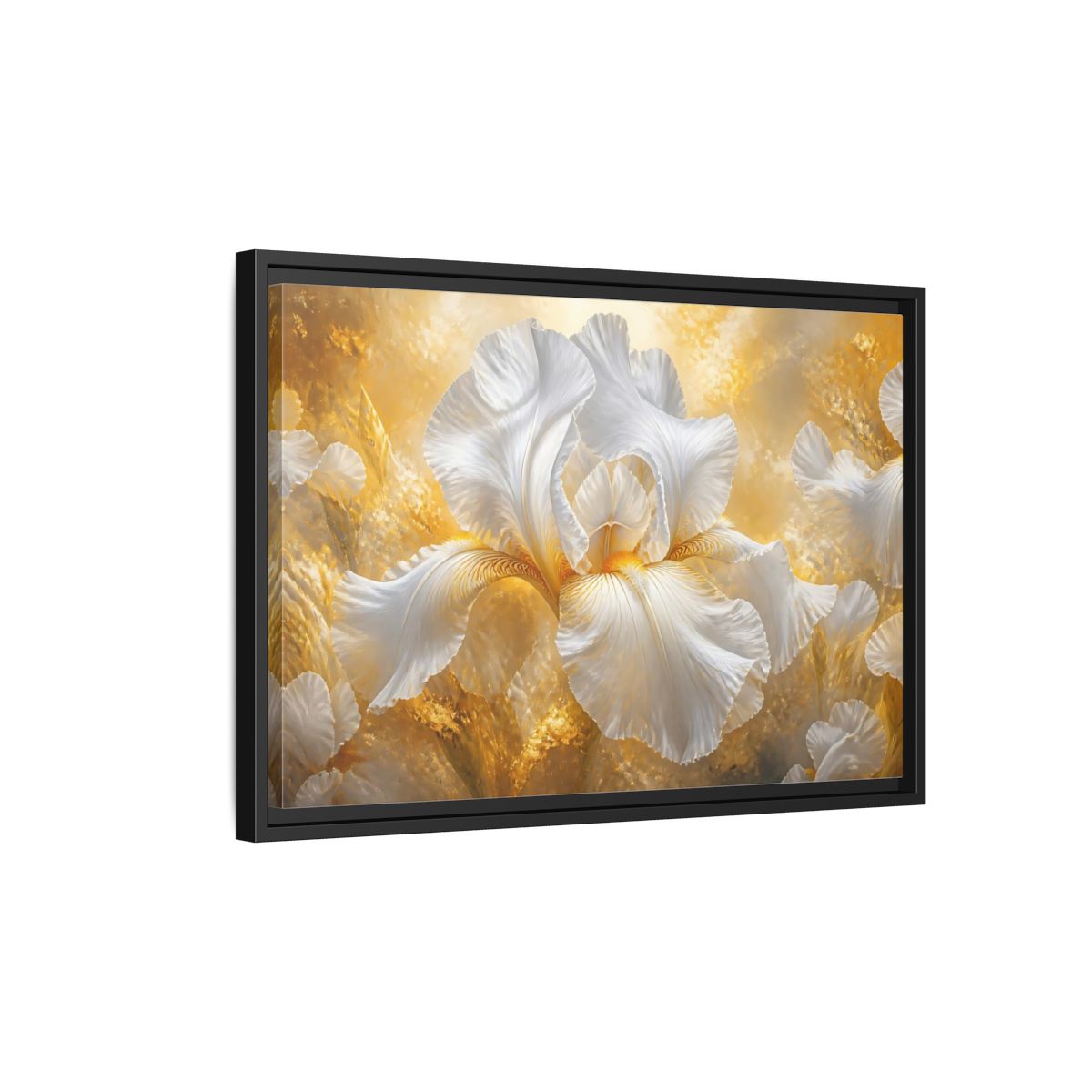 Side Mockup 3. Golden White Iris Bloom shown as framed canvas print