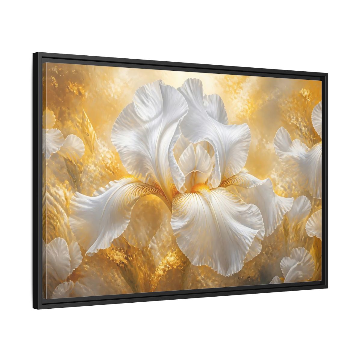 Side Mockup 13. Golden White Iris Bloom shown as framed canvas print