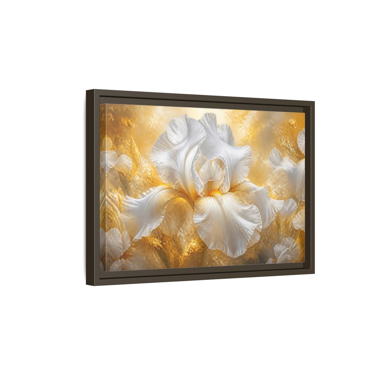 Side Mockup 5. Golden White Iris Bloom shown as framed canvas print