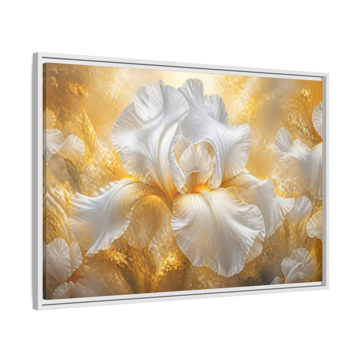 Side Mockup 9. Golden White Iris Bloom shown as framed canvas print