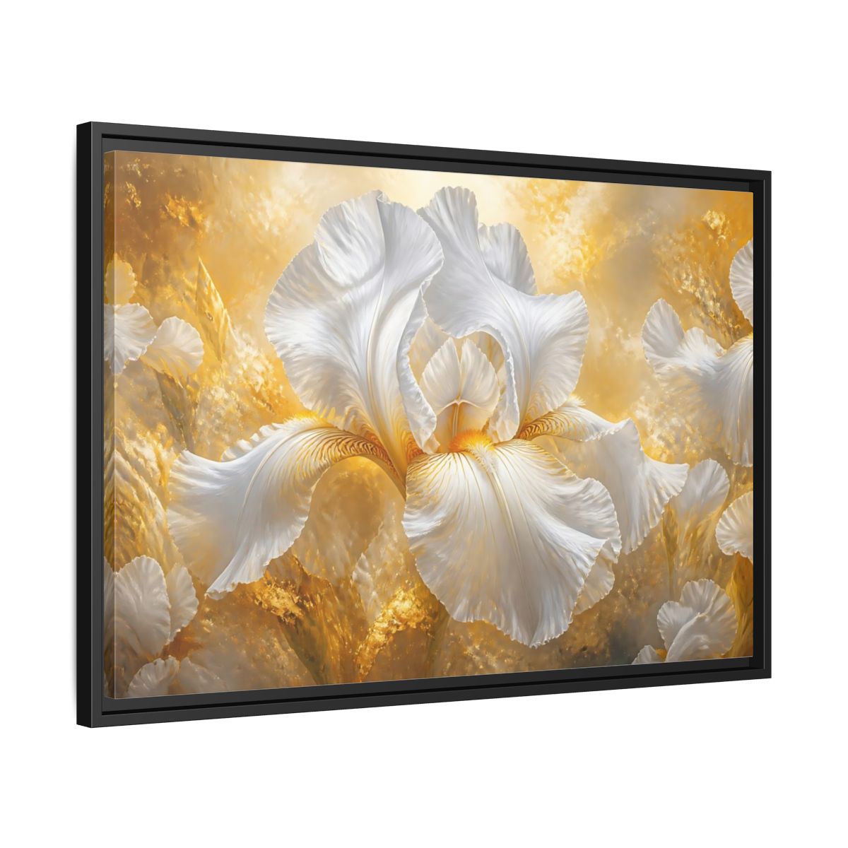 Side Mockup 14. Golden White Iris Bloom shown as framed canvas print