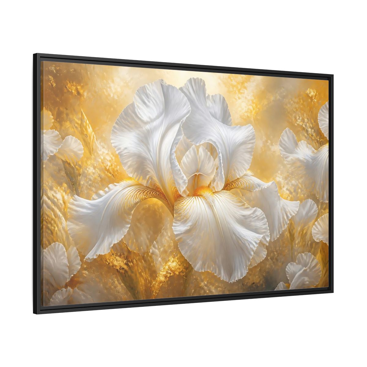 Side Mockup 12. Golden White Iris Bloom shown as framed canvas print