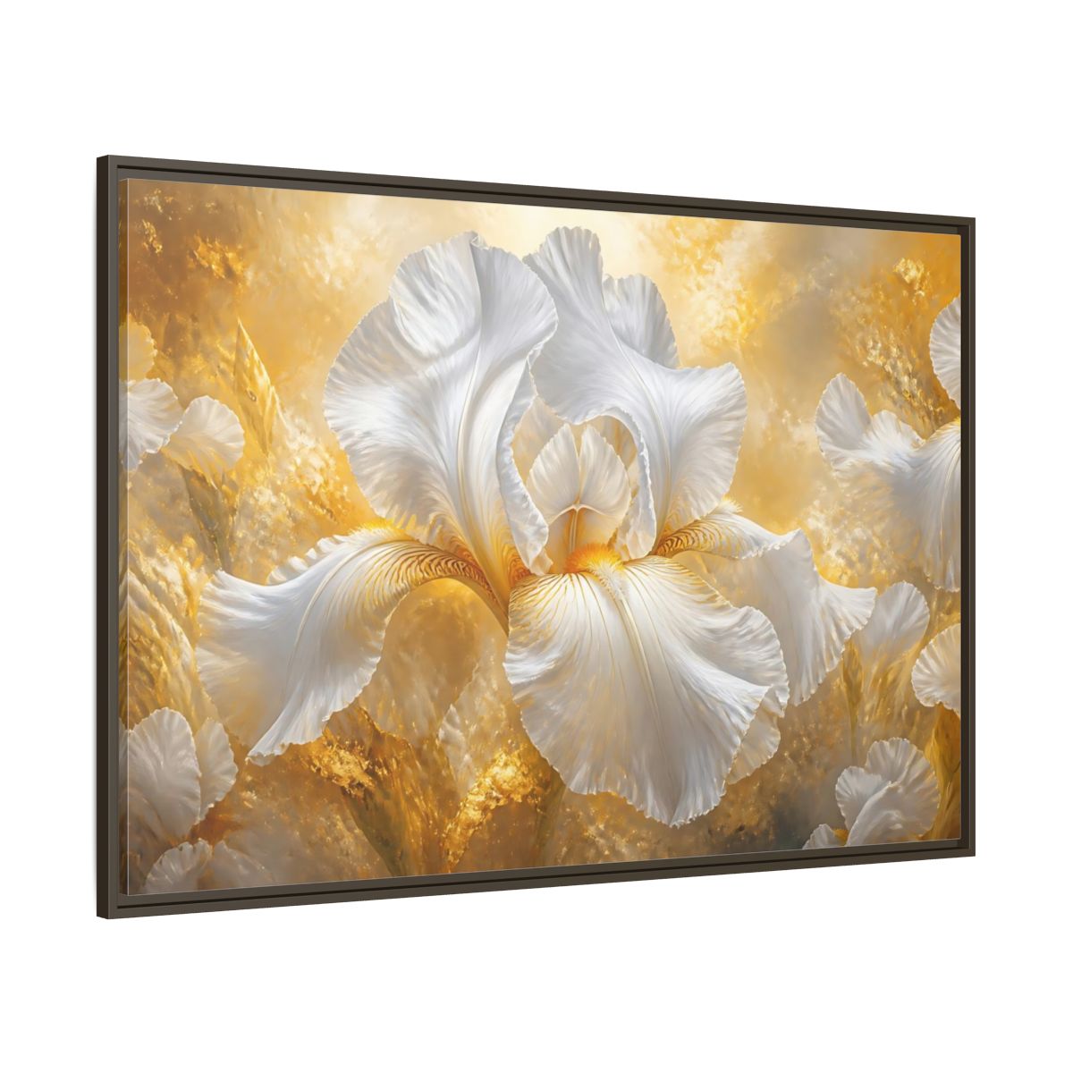 Side Mockup 8. Golden White Iris Bloom shown as framed canvas print