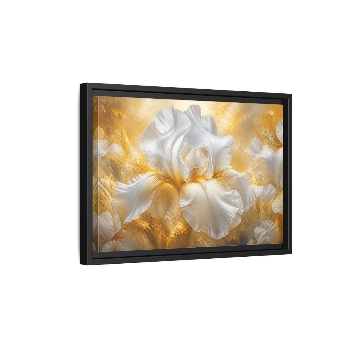 Side Mockup 6. Golden White Iris Bloom shown as framed canvas print