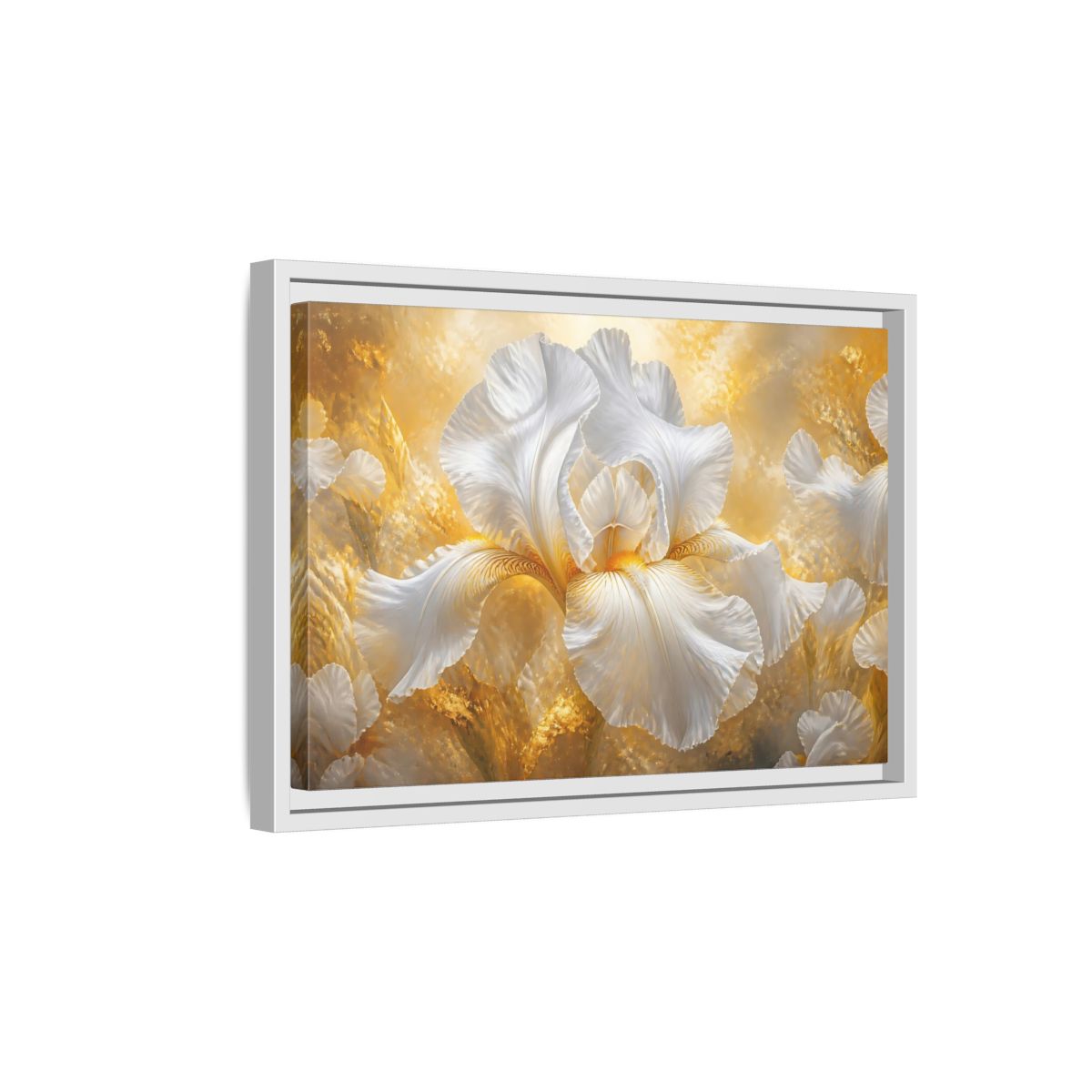 Side Mockup 4. Golden White Iris Bloom shown as framed canvas print