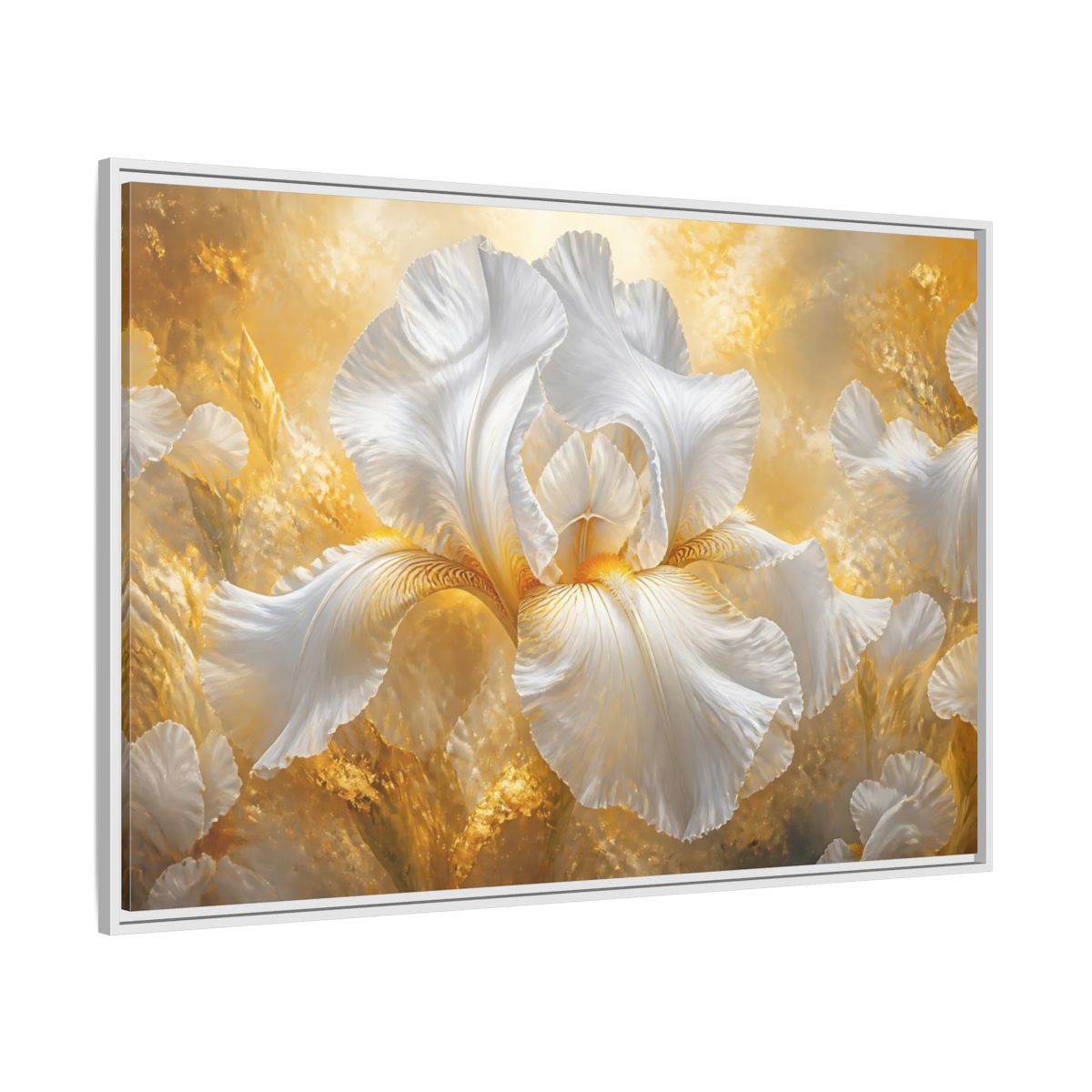 Side Mockup 7. Golden White Iris Bloom shown as framed canvas print