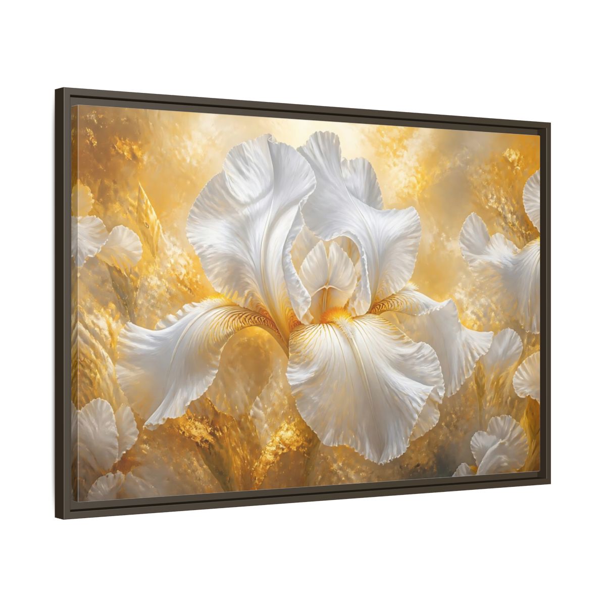 Main Mockup. Golden White Iris Bloom shown as framed canvas print